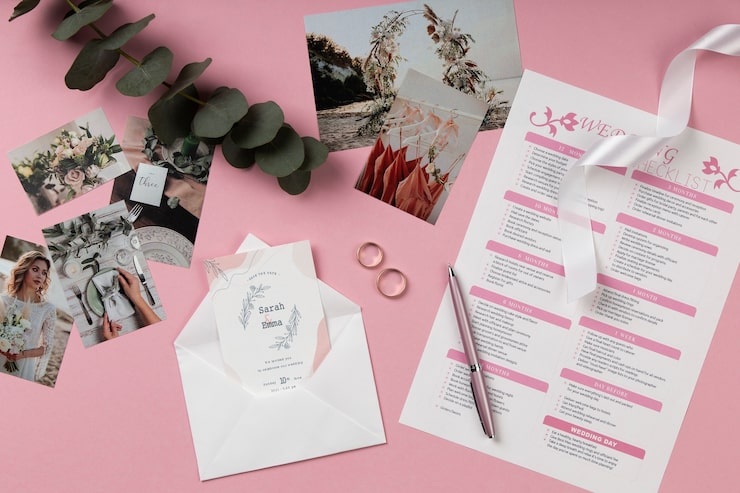Foto gratuito disposizione piatta delle risorse del wedding planner