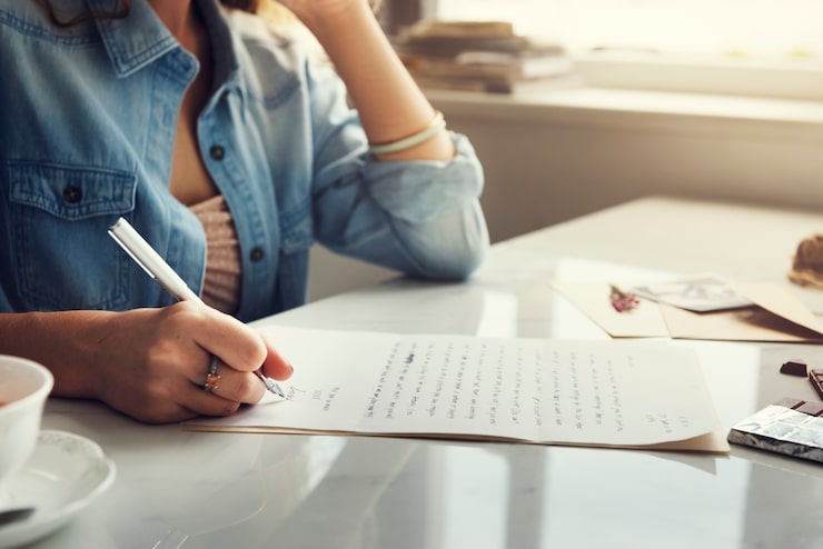 Foto gratuito donna caucasica scrivendo una lettera