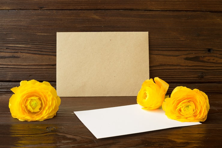Foto gratuito fiori di ranuncoli e carta bianca.