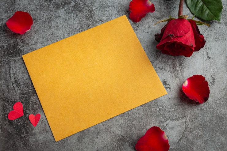 Foto gratuito fiori rossi di rosa e busta su sfondo scuro