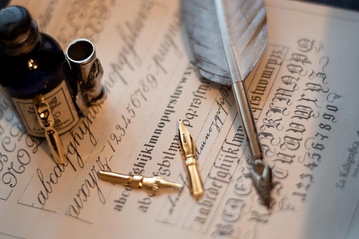 Foto gratuito foto macro di un set di penne e una bottiglia di inchiostro su un pezzo di carta con la calligrafia su di esso