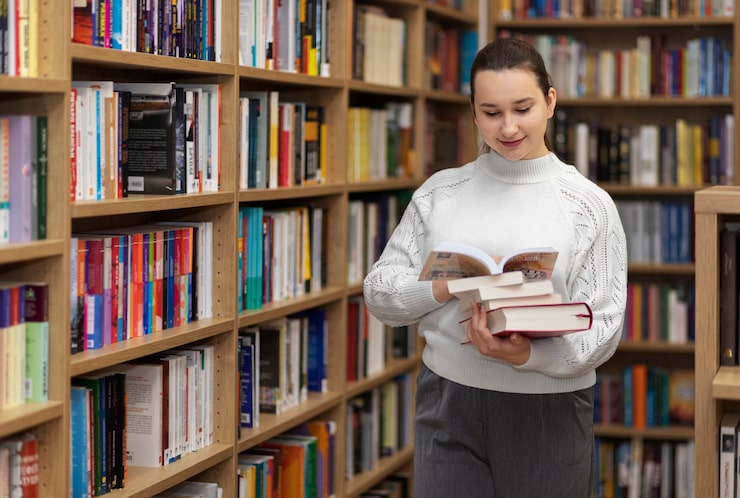 Foto gratuito giovane bibliotecario che organizza libri