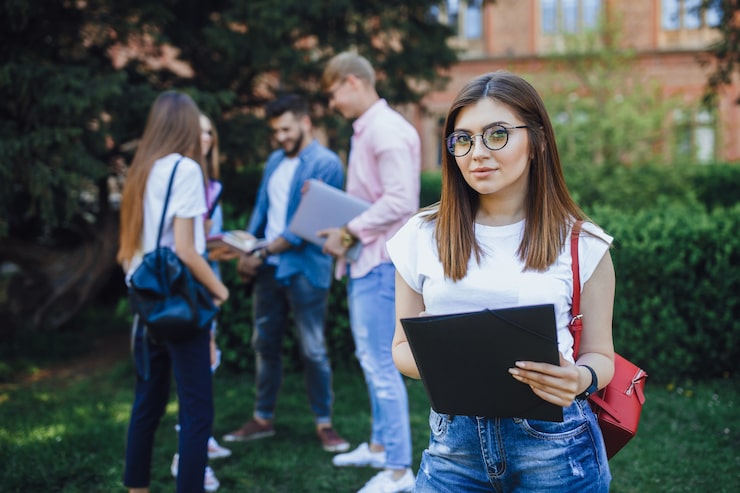 Foto gratuito giovane studentessa in piedi in un campus e sorridere.