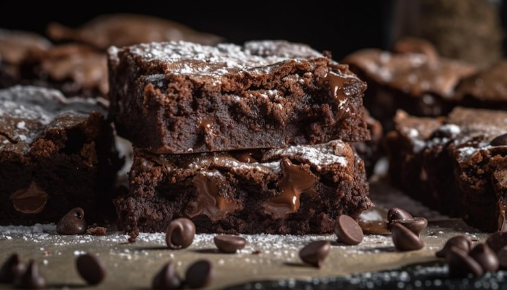 Foto gratuito indulgente brownie al cioccolato fatto in casa fresco e dolce generato dall'ia