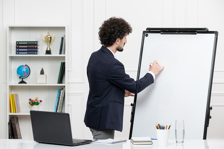 Foto gratuito insegnante bruna istruttore con computer in tuta e lavagna in aula disegno a bordo