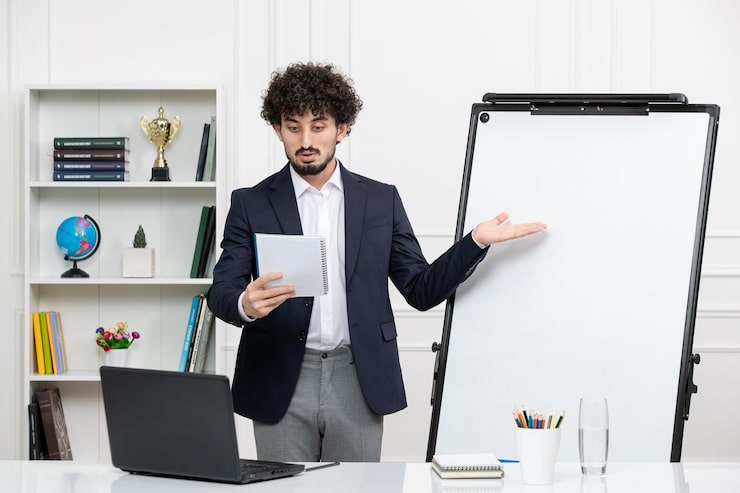 Foto gratuito insegnante bruna istruttore con computer in tuta e lavagna in aula leggendo le note