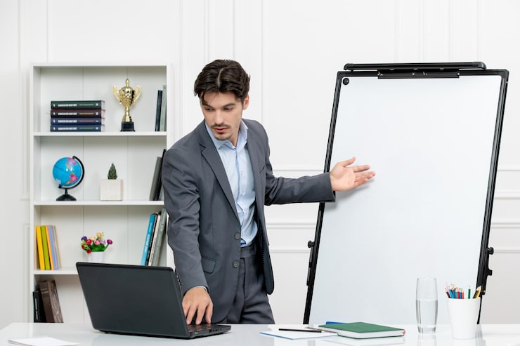 Foto gratuito insegnante intelligente istruttore in abito grigio in classe con computer e lavagna che parla con lo studente