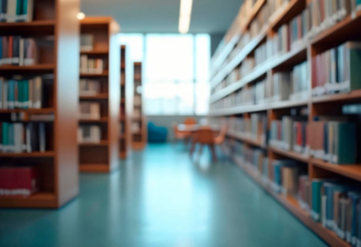 Foto gratuito interno di biblioteca con scaffali e illuminazione soffusa