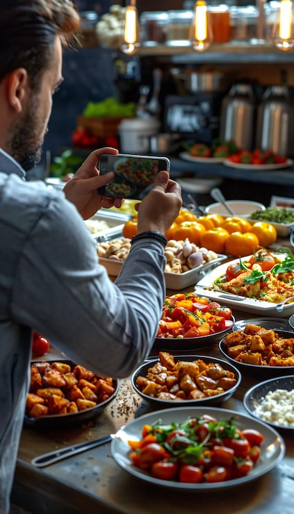 Foto gratuito persone che creano contenuti alimentari da caricare su internet per gli amanti del cibo