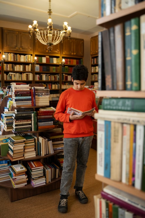 Foto gratuito ragazzo a tutto campo che legge fumetti in biblioteca
