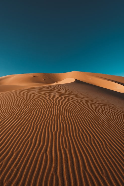 Foto gratuito ripresa verticale di un deserto pacifico sotto il cielo azzurro catturato in marocco