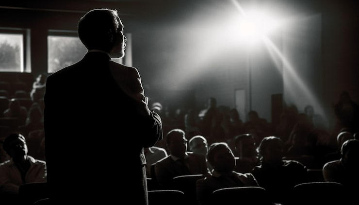 Foto gratuito sagome di uomini d'affari che applaudono nell'auditorium retroilluminato generato dall'intelligenza artificiale