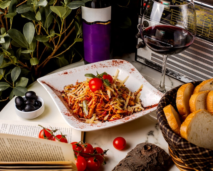 Foto gratuito spaghetti in salsa di pomodoro con peperone e pollo
