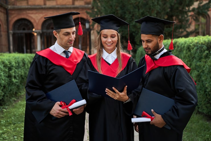 Foto gratuito tre amici laureati in abiti di laurea che guardano al loro diploma nel campus.