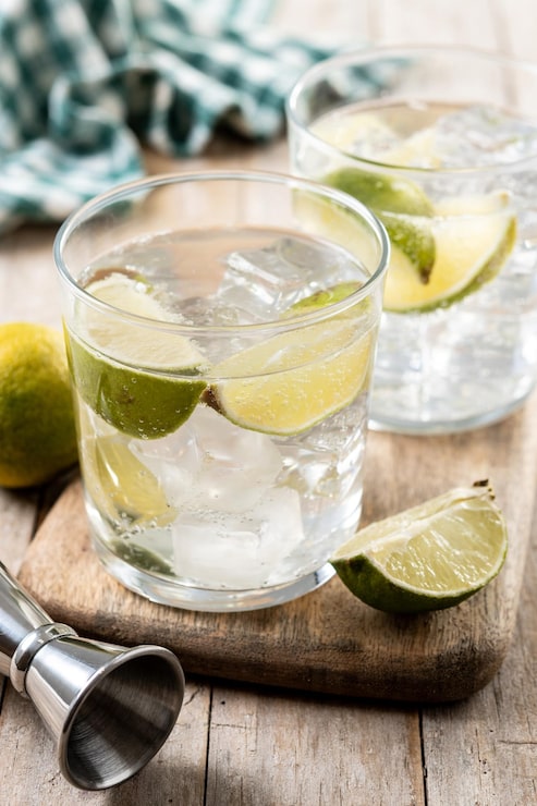 Foto gratuito un bicchiere di vodka tonic su un tavolo di legno.