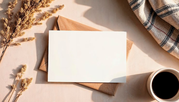 Foto gratuito un piano di fiori secchi, una busta di kraft e carta bianca.