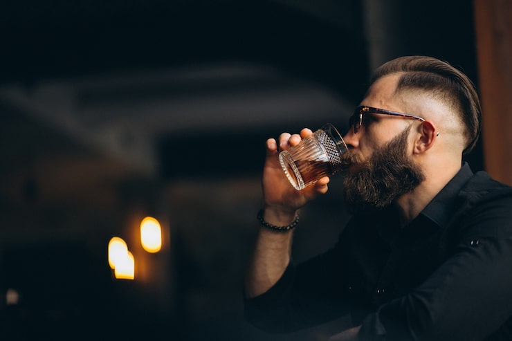 Foto gratuito uomo barbuto che beve in un bar