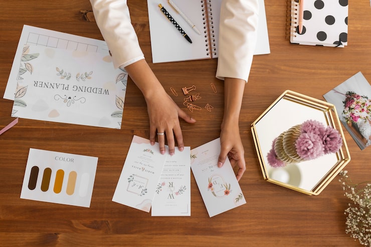Foto gratuito vista dall'alto donna che lavora come wedding planner