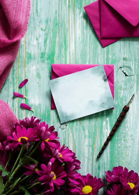 Foto gratuito vista dall'alto fiori primaverili e biglietto di auguri