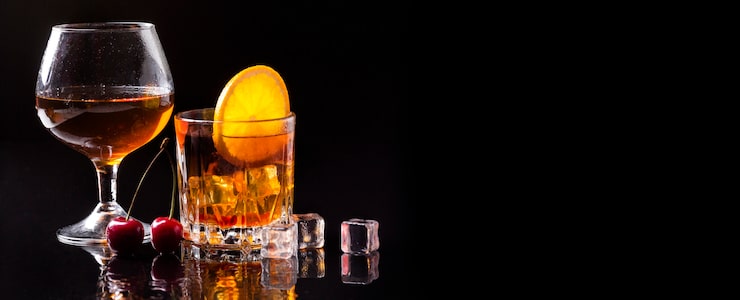 Foto gratuito whisky di vista frontale con vetro arancia e cognac con copia-spazio