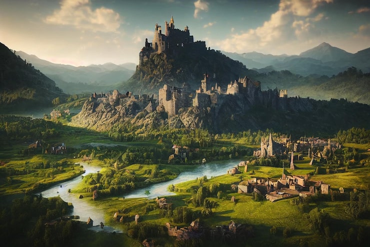 Foto a beautiful valley old medieval fantasy town and castle concept art