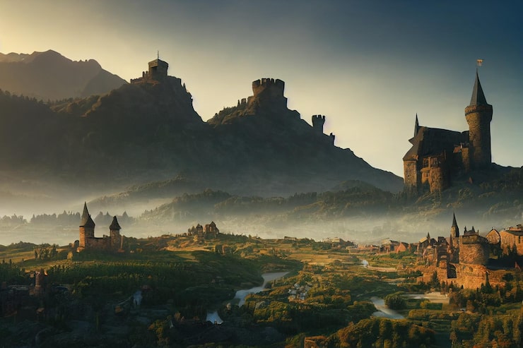 Foto a beautiful valley old medieval fantasy town and castle concept art