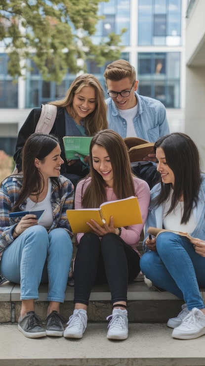 Foto amicizia basata sull'istruzione ritratto di un gruppo di giovani studenti che leggono insieme un quaderno su c
