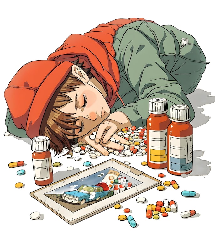 Photo anak sakit dalam gaya kartun dikelilingi oleh obat