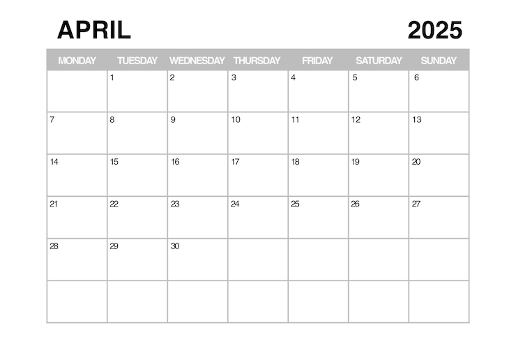 Foto april 2025 monthly calendar planner template rendering 3d (template di pianificazione del calendario mensile per aprile 2025)