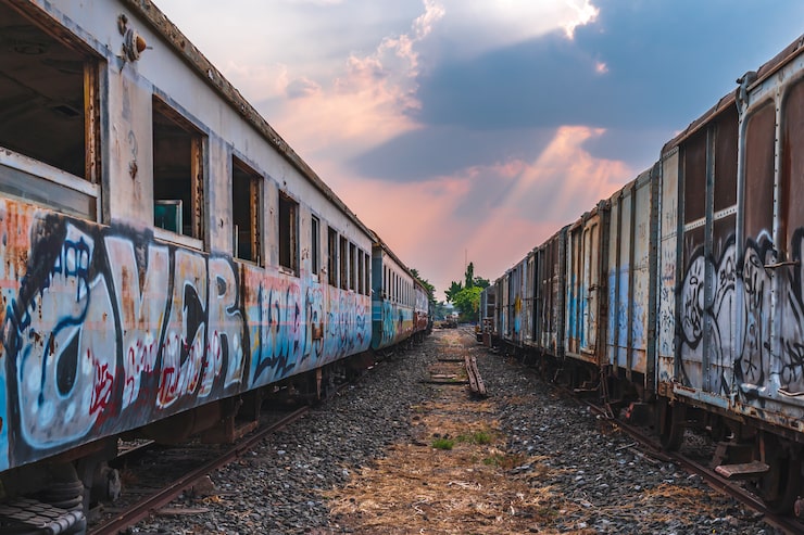 Photo bangunan kereta api tua yang ditinggalkan menunggu perbaikan