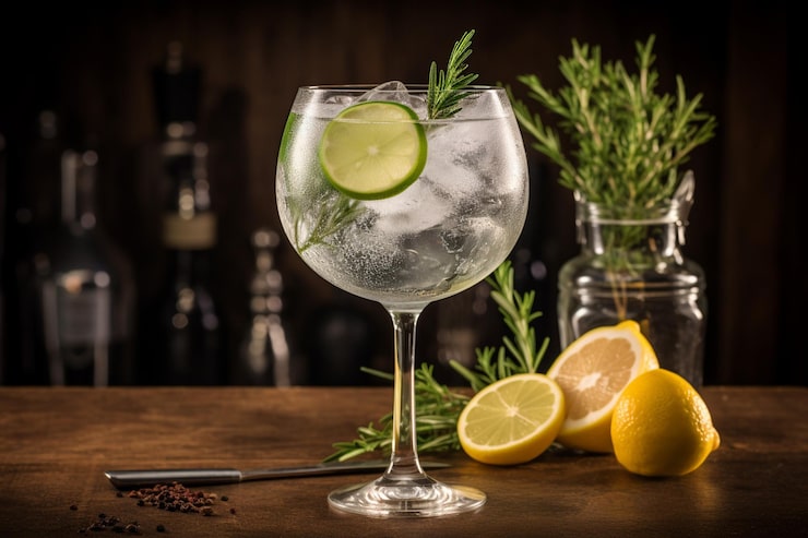 Foto bevanda del cocktail gin tonic in un bicchiere sul tavolo di legno