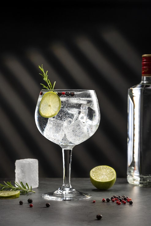 Foto bicchiere freddo di gin tonic con ghiaccio e ombre dure su sfondo grigio scuro con spazio per la copia formato verticale