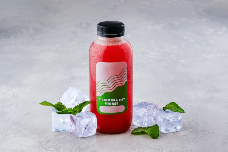 Photo botol kecil dengan limun es stroberi dan mint di atas meja