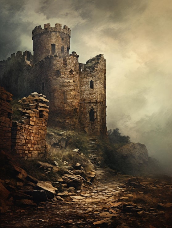 Foto c'è un castello su una collina con un sentiero di pietra generativo ai
