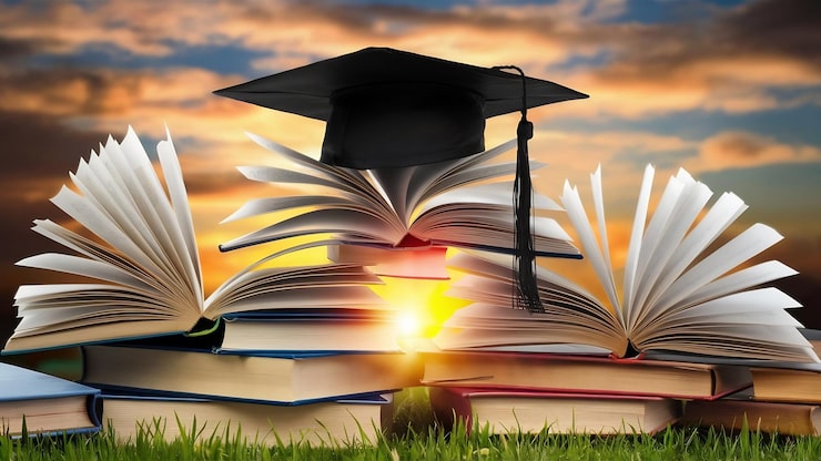 Foto cappuccio di laurea su libri aperti concetto di istruzione giorno di laurea