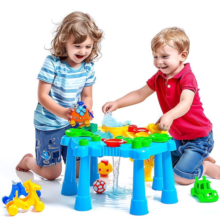 Foto ci sono due bambini che giocano con i giocattoli sul pavimento.