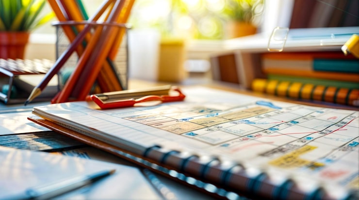 Foto close-up di un quaderno con una penna e un paio di forbici