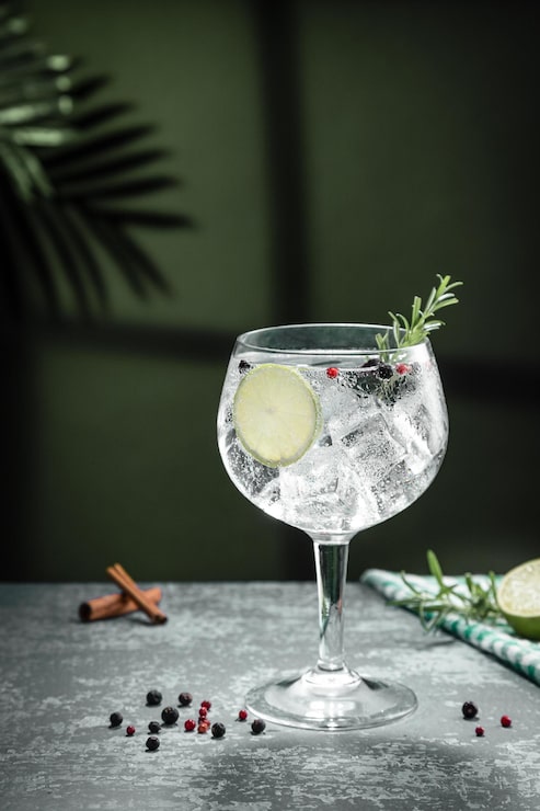 Foto cocktail gin tonic e ombre accanto alla finestra su sfondo di cemento scuro formato verticale
