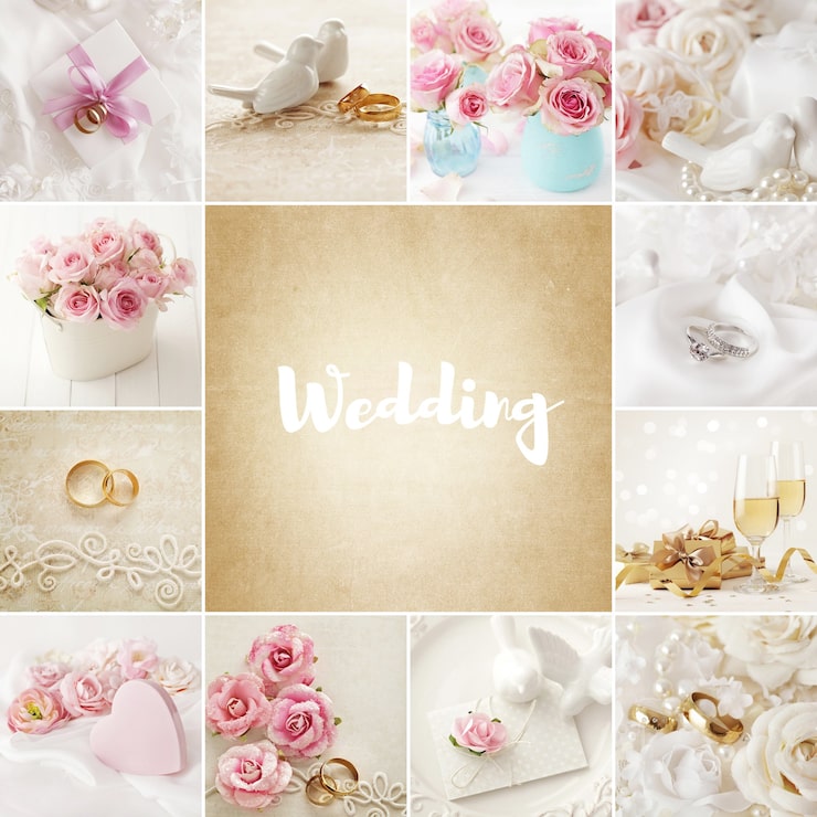 Foto collage nuziale con anelli, fiori e simboli romantici