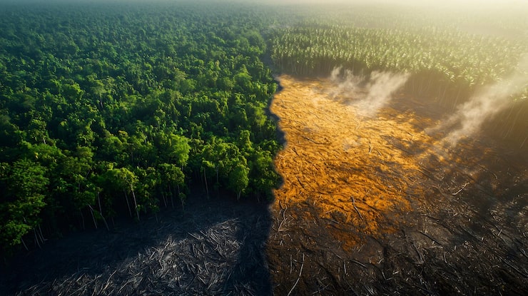 Photo deforestasi menghancurkan hutan hijau subur untuk perkebunan kelapa sawit