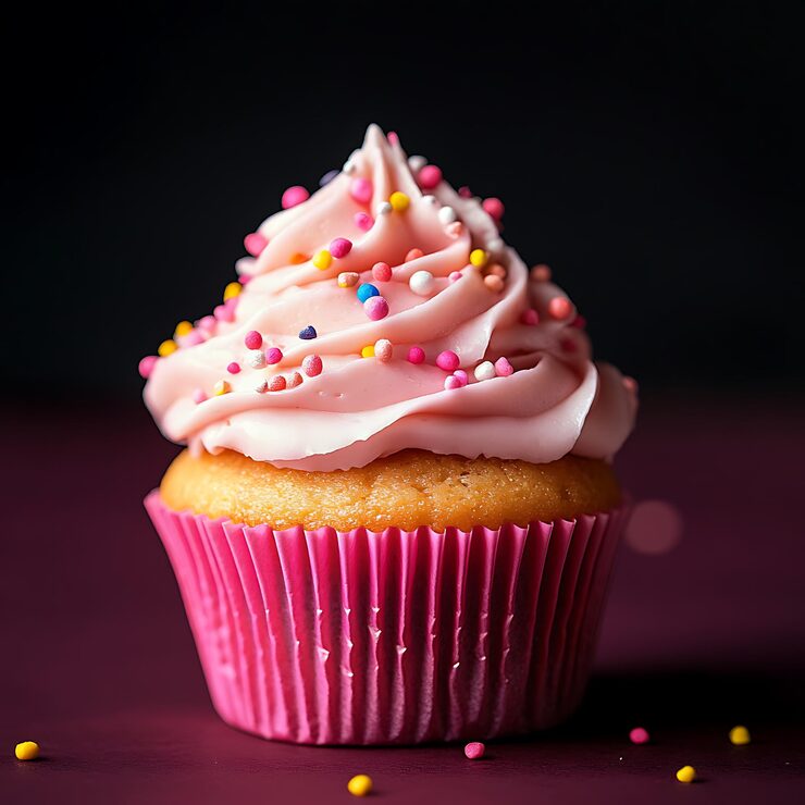 Foto delizioso cupcake con ghiaccio rosa e spruzzate