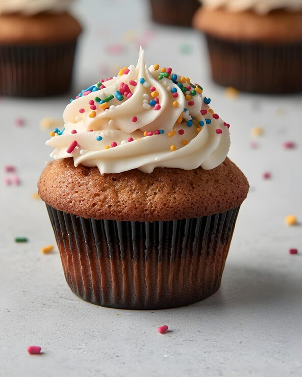 Foto delizioso cupcake coperto di glassa cremosa e spruzzate