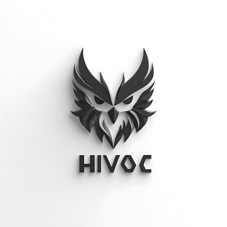 Photo desain logo burung hantu hitam abstrak dengan teks hivoc