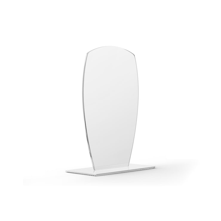 Photo display plexiglass putih minimalis di stand logam