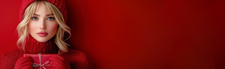 Foto donna bionda in abito rosso d'inverno che tiene un regalo di natale avvolto contro uno sfondo rosso solido ai generativa