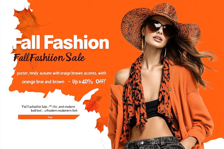 Foto donna che indossa un maglione arancione pantaloncini bianchi occhiali da sole che tiene una borsa marrone autunno poster di moda chic e font moderno