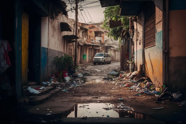 Photo gang belakang kota ghetto dengan sampah kotor dan rumah-rumah kumuh seni yang dihasilkan jaringan saraf