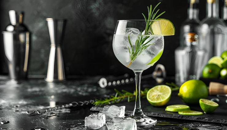 Foto gin tonic cocktail alcolico con gin secco rosmarino tonic lime e cubetti di ghiaccio in bicchiere di vino black bar counter background bar tools copy space