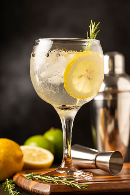 Foto gin tonic guarnito con limone e rosmarino