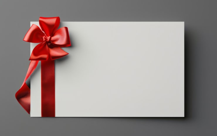 Foto grande carta regalo bianca bianca con fiocco a nastro rosso sul lato isolato su sfondo grigio con ombra concettuale minima ar 85 job id 1d433dda770448ad898ef76676f1b8c1